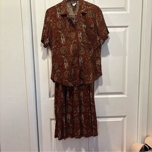 Vintage Mariel Brown Paisley Blouse and Midi Skirt Set - Size Small
